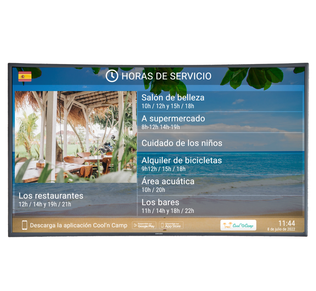 Image en espagnol montrant les ecrans connectes proposes par cool'n camp aux campings